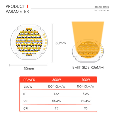 300w 700w Υψηλής ισχύος Υψηλό φως R50 COB Πέντε χρώματα LED πηγή Προσαρμόσιμη VF 42-46V LM / W 95