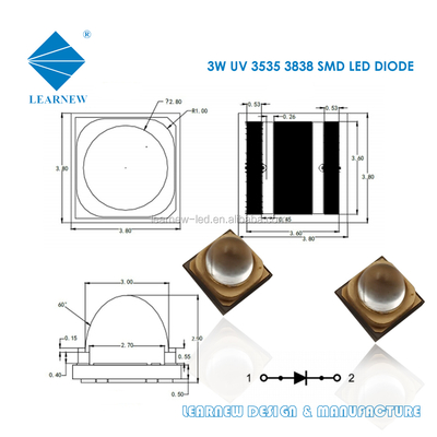 Τσιπ LED UVA 3W, μήκους κύματος 365nm, μέγεθος 3.8x3.8mm